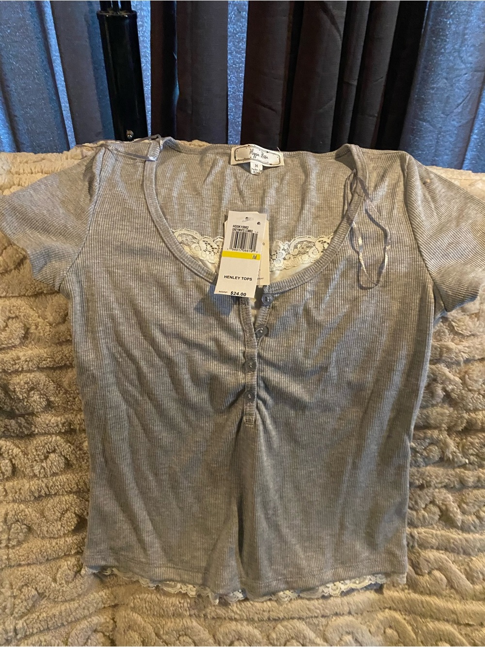 Hippie Rose Gray Ribbed Henley with Lace Detail